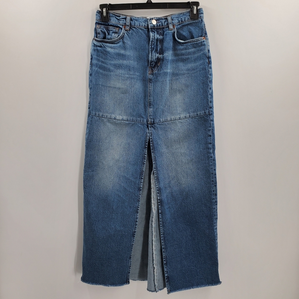 Reformation Skirt Tazz Denim Center High Slit Maxi Raw Hem Wash Size 27
